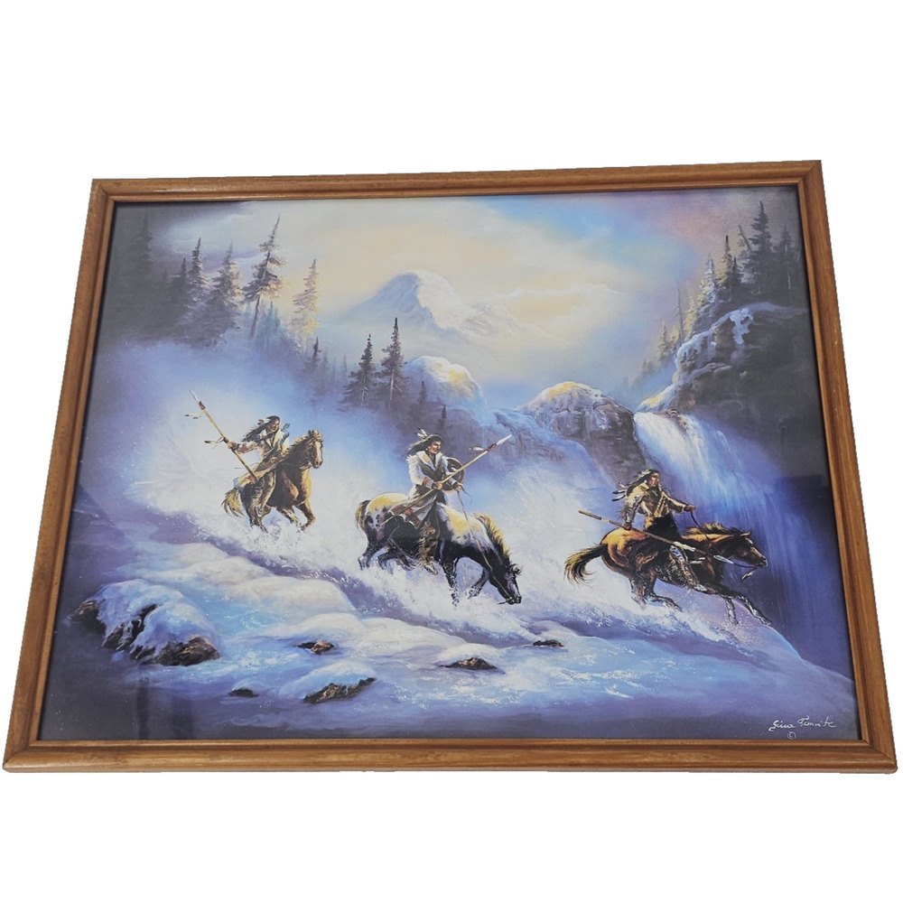 Gina Femrite Indian Eagle Snow Warrior on Horse framed Native American art print